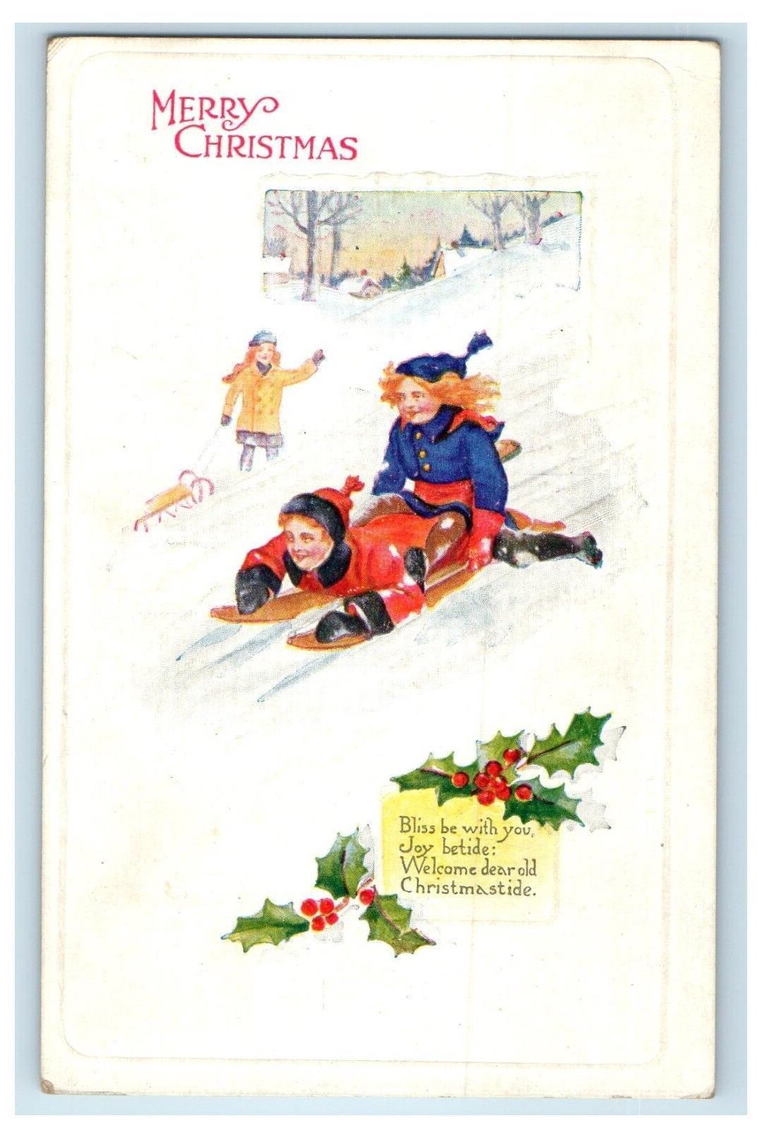 1924 Merry Christmas Childrens Sled Winter Snow Holly Berries Embossed Postcard