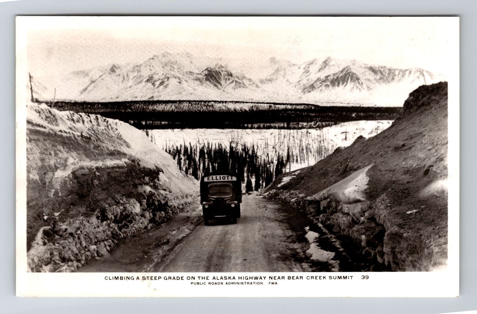 Alaska Highway RPPC, Truck Climbing at Bear Creek Summit, c1930 Vintage Postcard