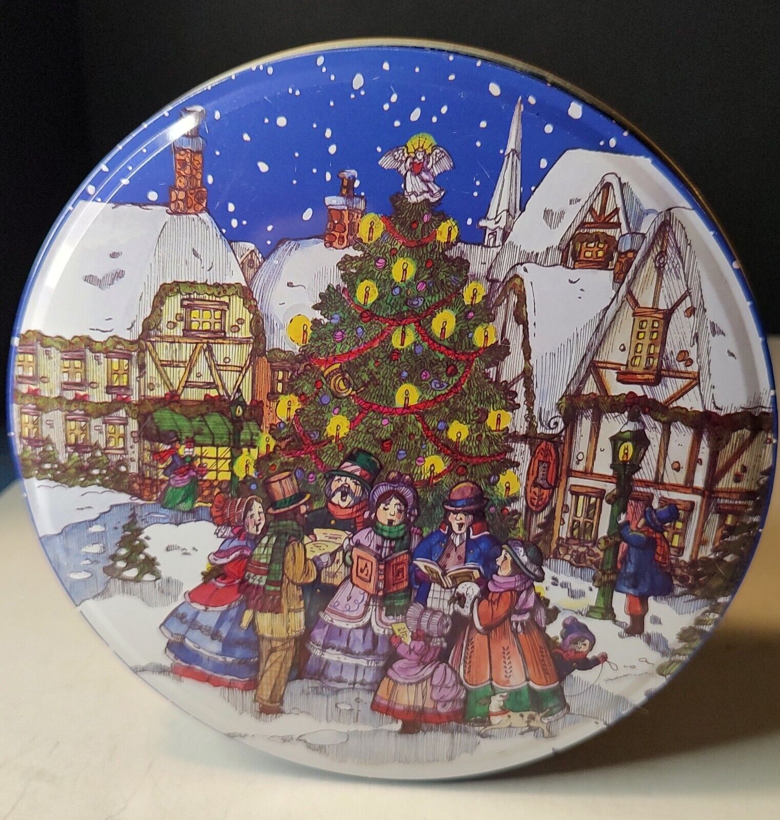 Vintage Hartin Caroling Holiday Christmas Village Tree Round Blue Tin
