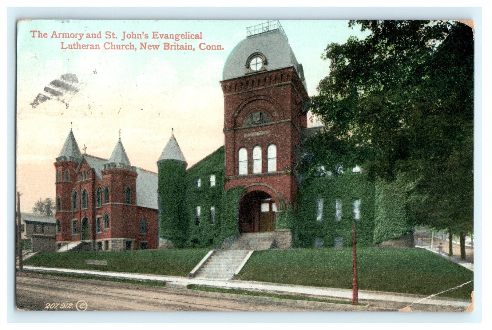 1909 The Armory and St. Johns Evangelical Lutheran Church New Britain CT Posted