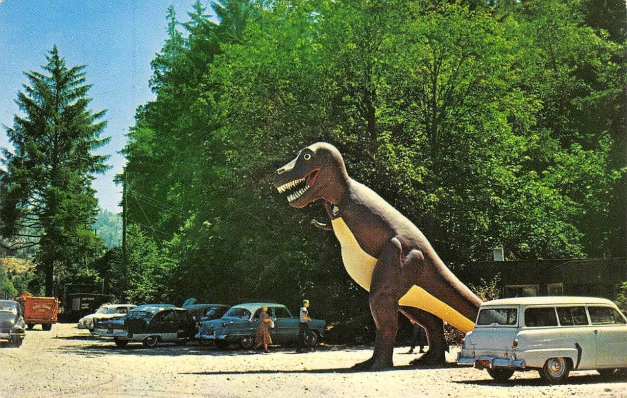 Port Orford, Oregon PREHISTORIC GARDENS Dinosaur T. Rex Roadside 1950s Vintage