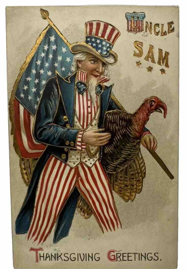 Antique Uncle Sam Thanksgiving Turkey Flag Embossed Postcard 1903