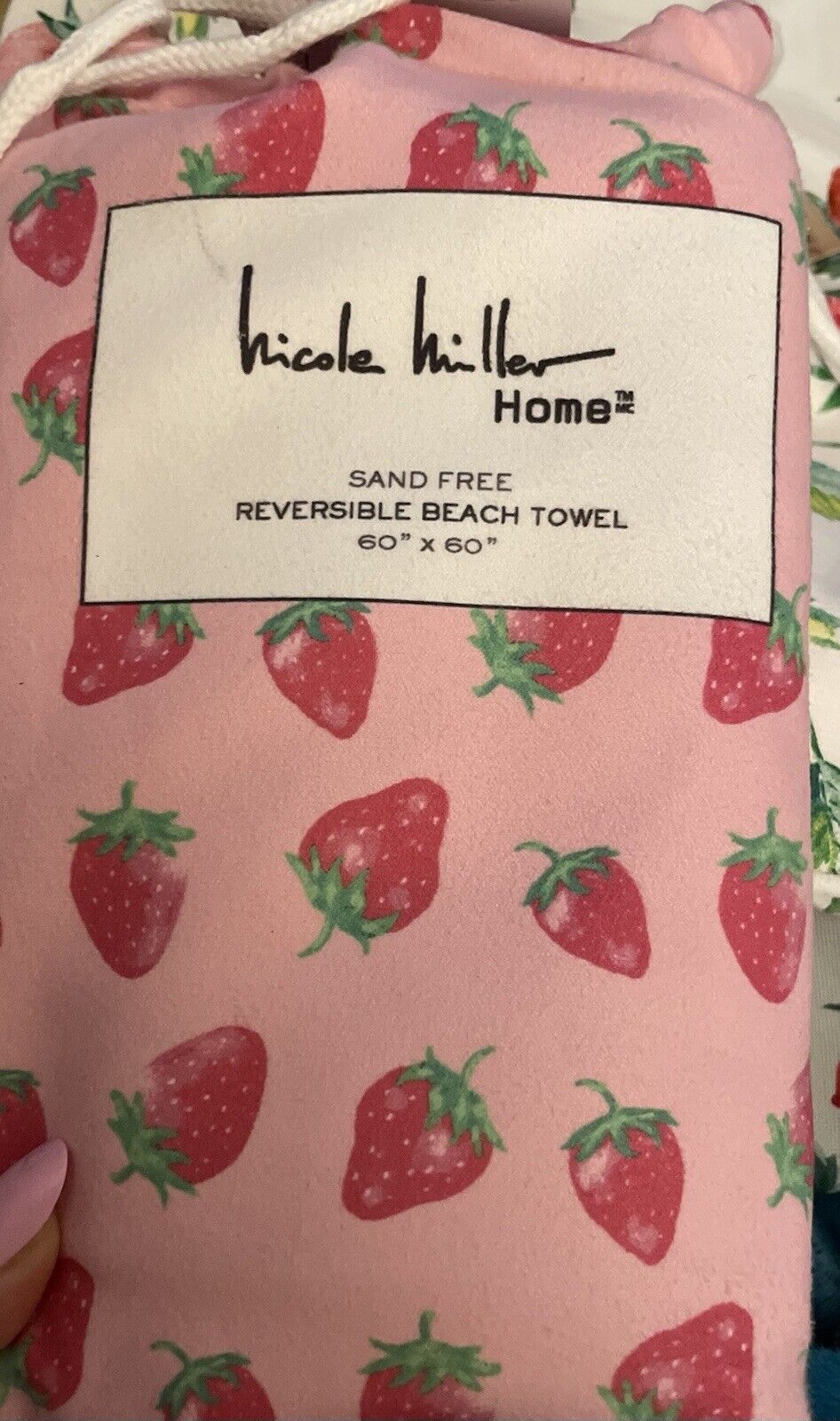 Nicole Miller Home 60x60 XL Pink Strawberries Sand Free Reversible Beach Towel