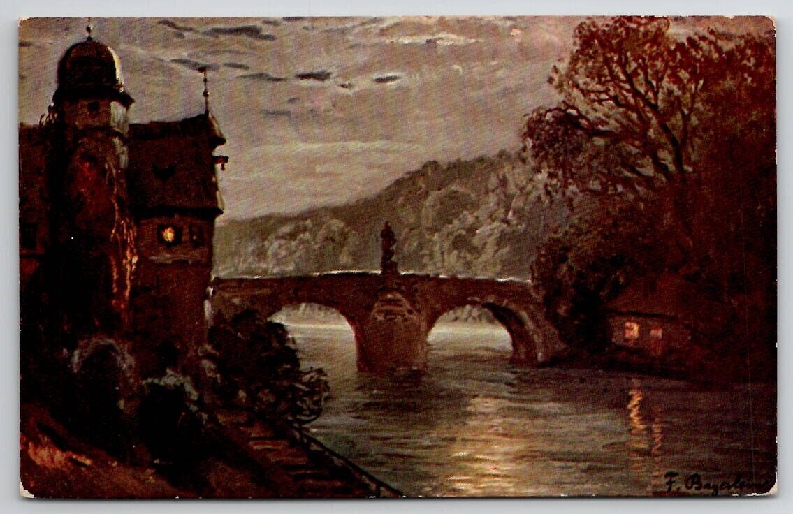 A/S Beautiful Stone Bridge Cottage Night Sky Reflections on Water Postcard J28