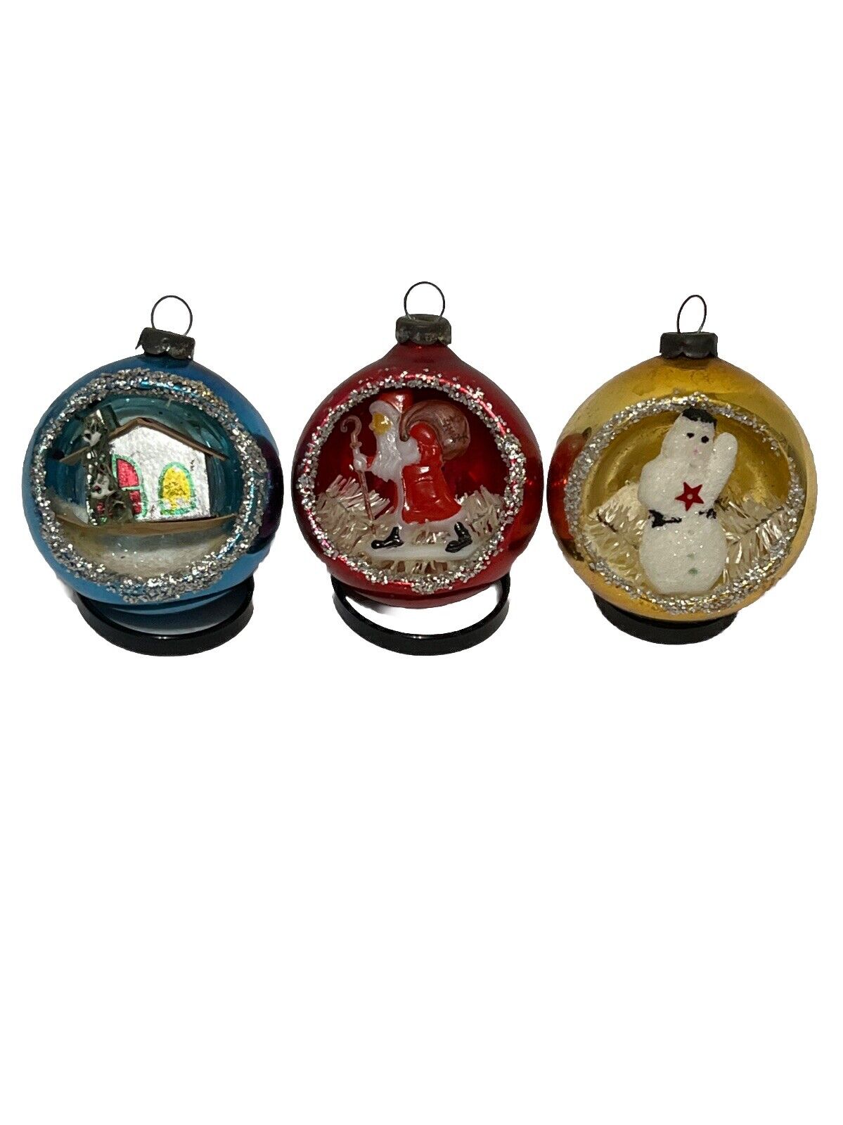 Lot Of 3 Vintage Mercury 3D Diorama Christmas Ornaments House Snowman Santa
