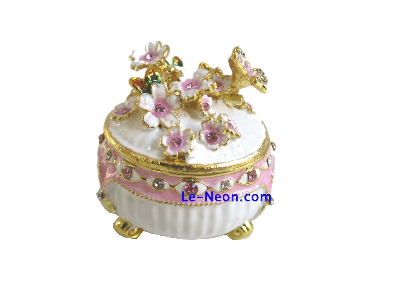 Bejeweled Pink Flower Oval Round Box Hinged Metal Enameled Rhinestone Trinket
