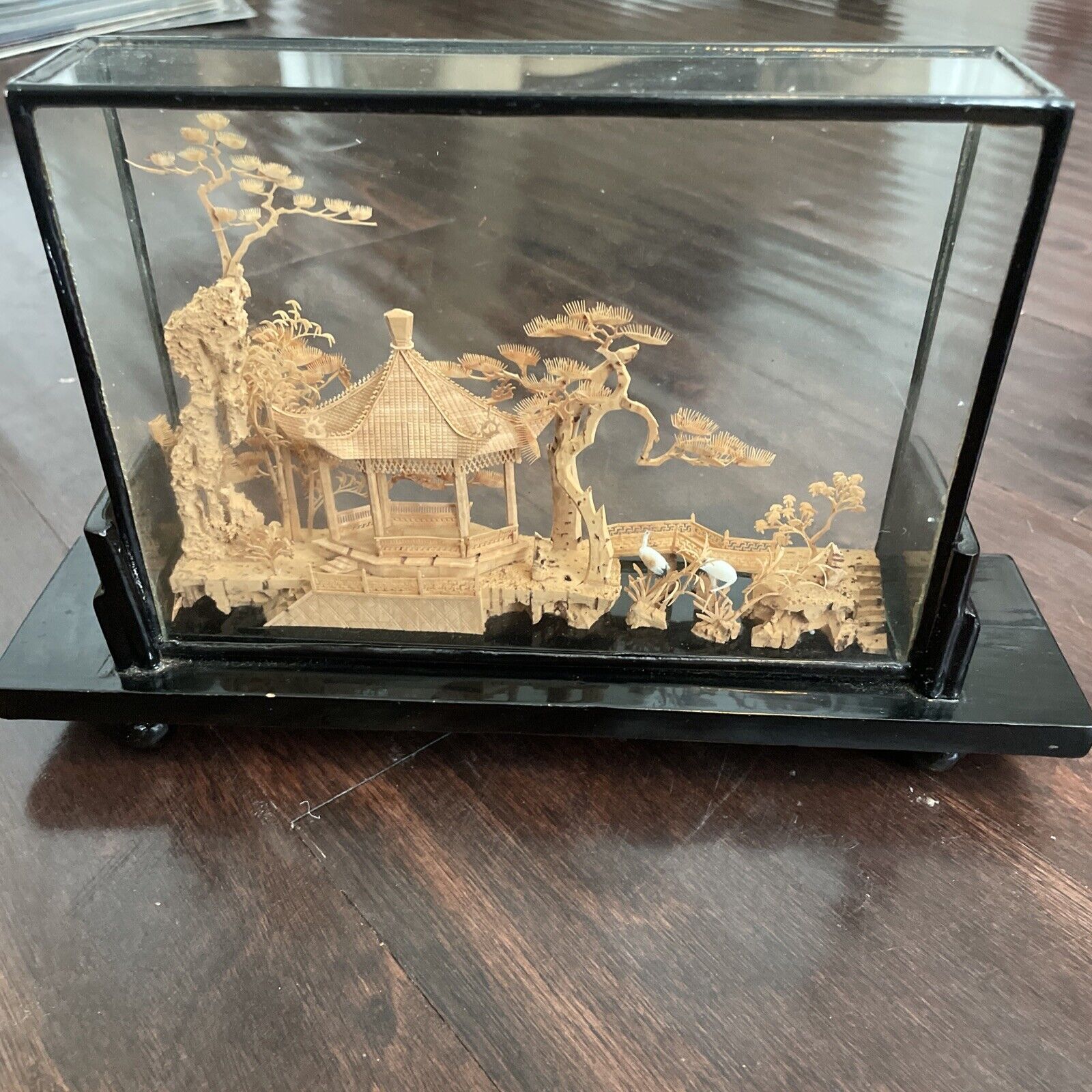 Vintage Chinese Cork Art Hand Carved Diorama Pagoda Cranes Trees