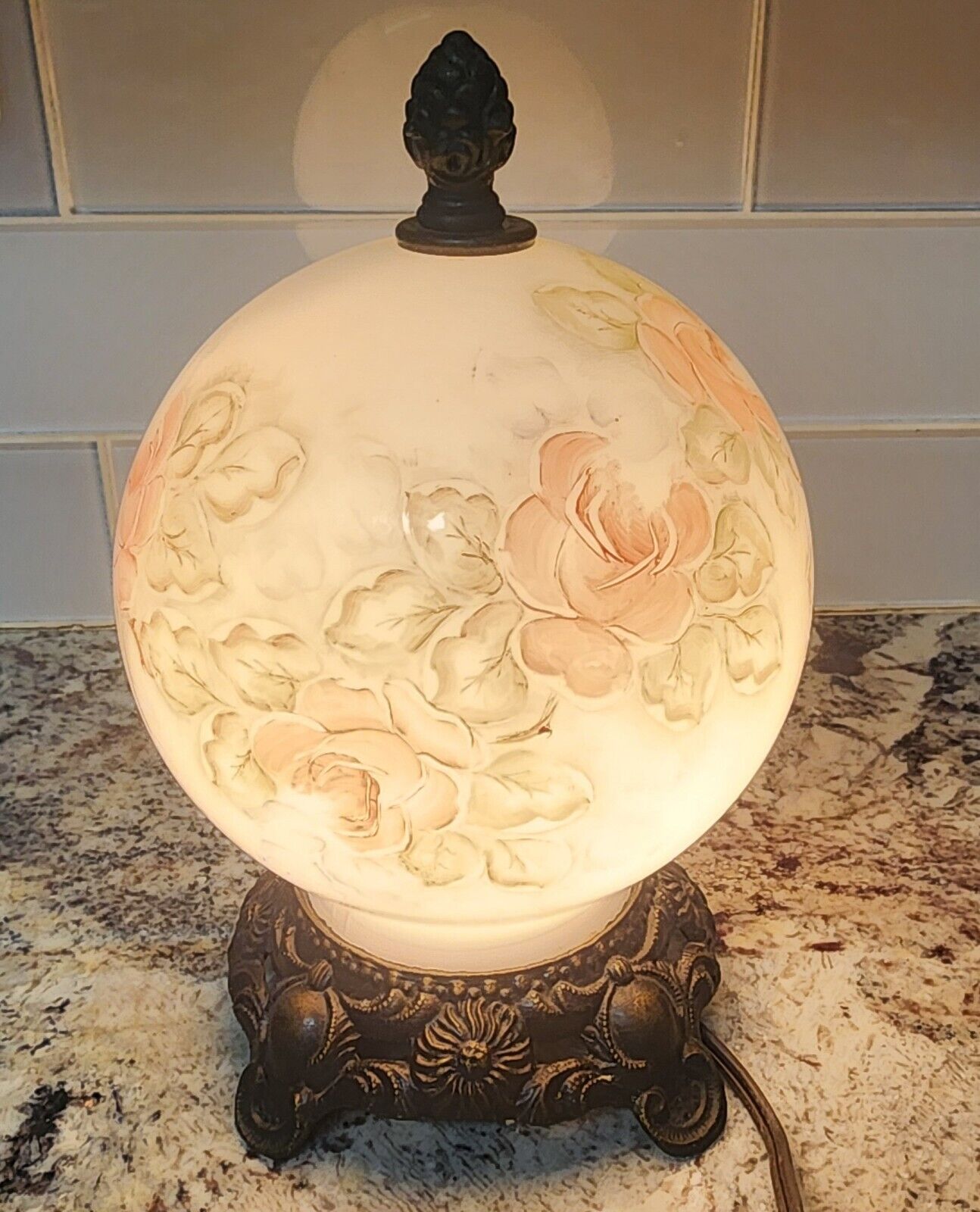Vintage Victorian Lamp (Signed) ▪︎ Painted Milk Glass Globe on Brass Base