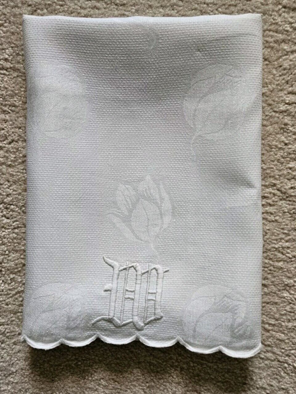 Antique Linen floral Damask Large Towel Scallop Edge Monogram M Embroidered