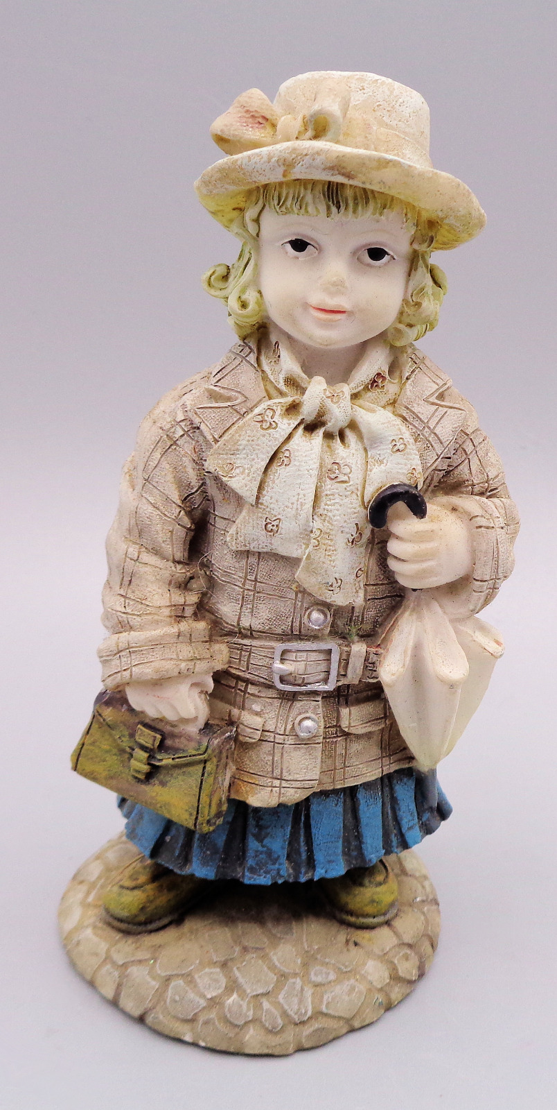 Vintage Resin Blonde Girl Figurine in Trench Coat w/ Hat & Umbrella Figurine