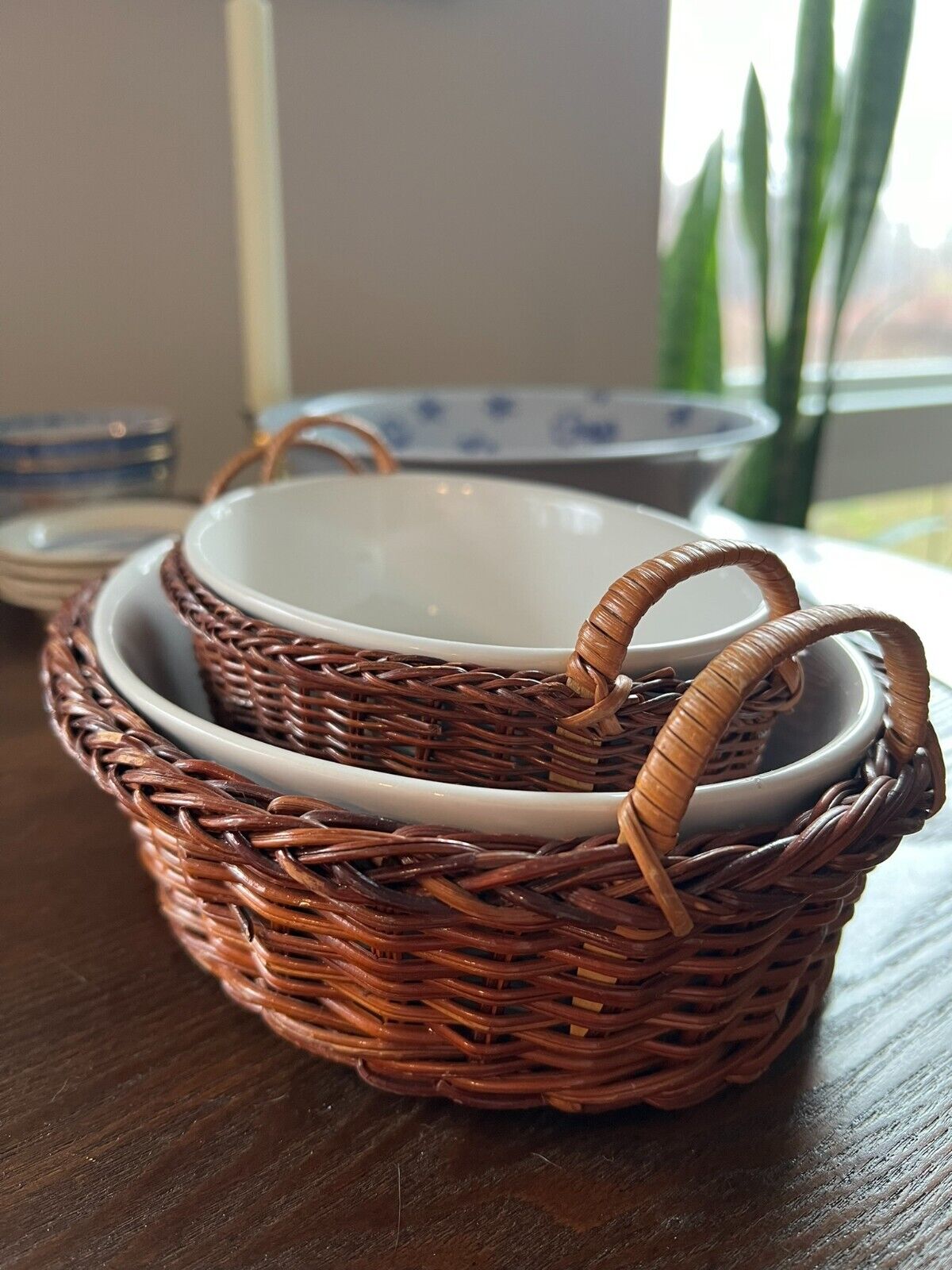 2 pc Vintage Wicker Basket and Ceramic Casserole set - Cottagecore, Home Decor,