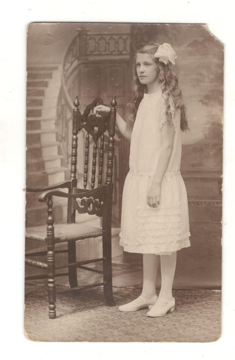 Vintage Photo Pretty Girl Studio Portrait White Dress Bow Antique RPPC MX14B