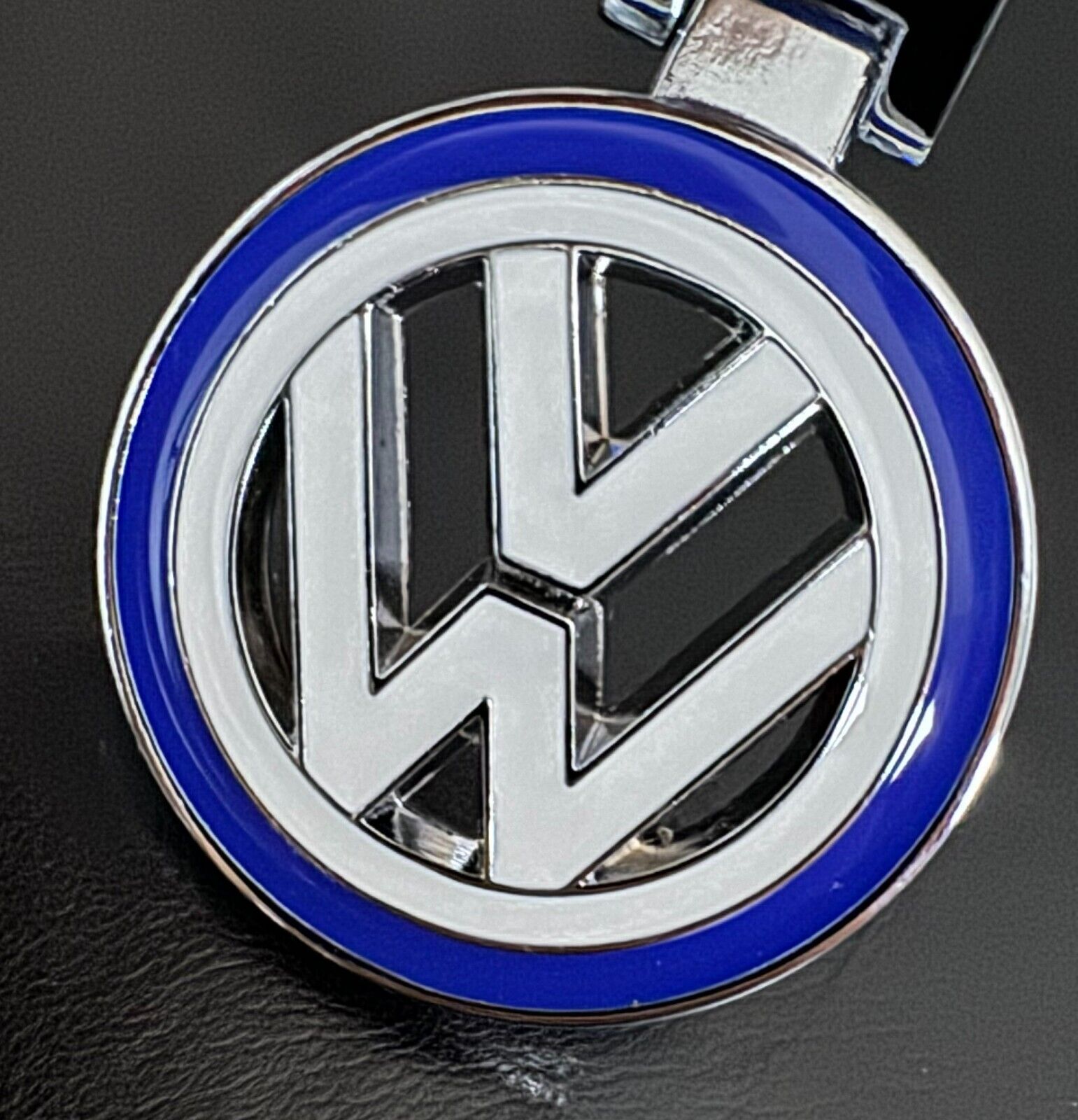 VW Volkswagen Symbol Cut-Out Keychain.  White Logo, BLUE Background