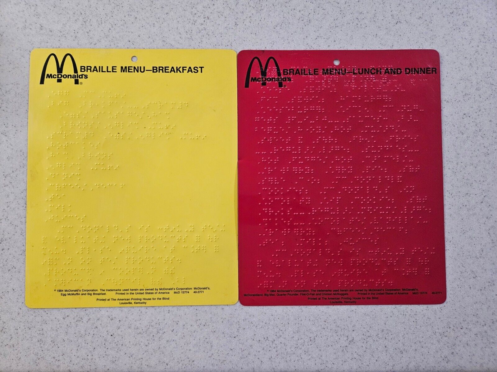 1984, McDonald\'s, (2) BRAILLE MENUS ~Breakfast & Lunch, Dinner~ Rare & HTF 