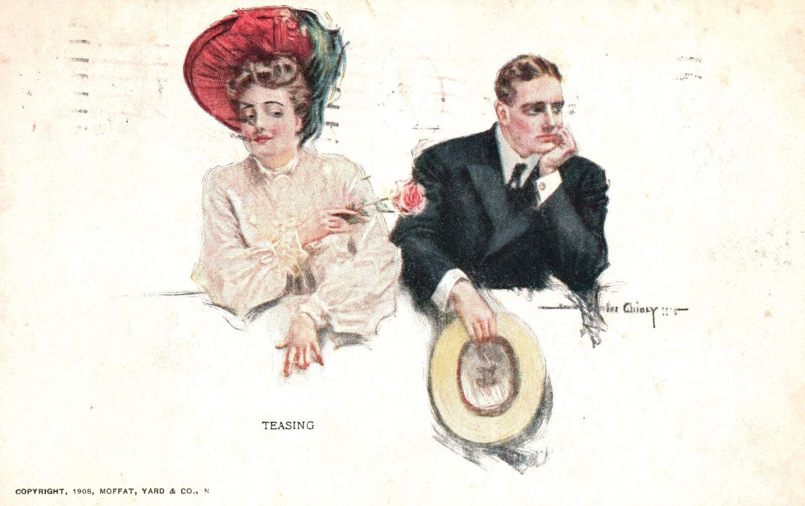 Vintage Postcard 1909 Woman Teasing Her Man Giving A Pink Rose Flower Artwork