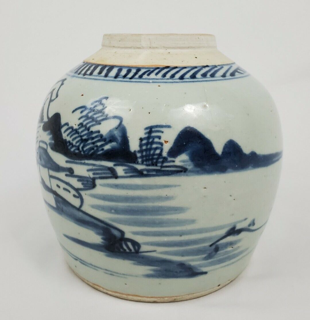 Antique Ming Dynasty Stoneware Ginger Jar Blue White Chinoiserie Chinese Vintage