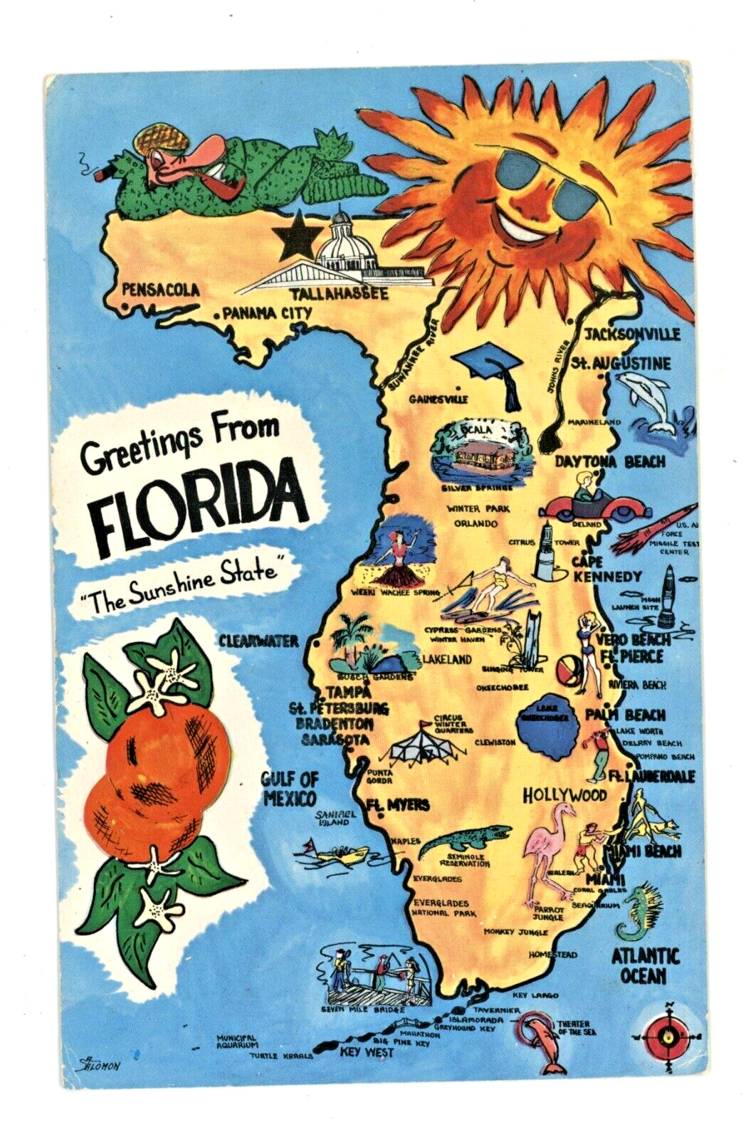 Vintage Postcard  FLORIDA GREETINGS COLORFUL MAP POSTED 1971 CHROME STAMP
