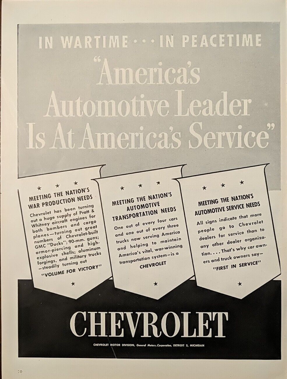 1942 Chevrolet Print Ad, Wartime Or Peacetime America's Service Leader