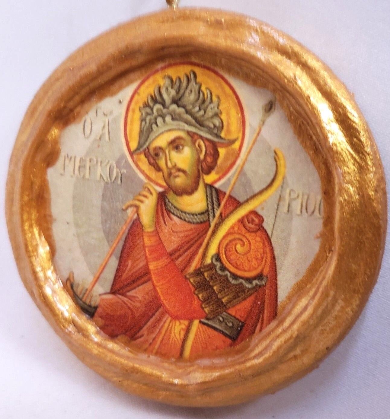 Saint Mercurius Agios Merkourios Rare Miniature Round Byzantine Icon on Wood