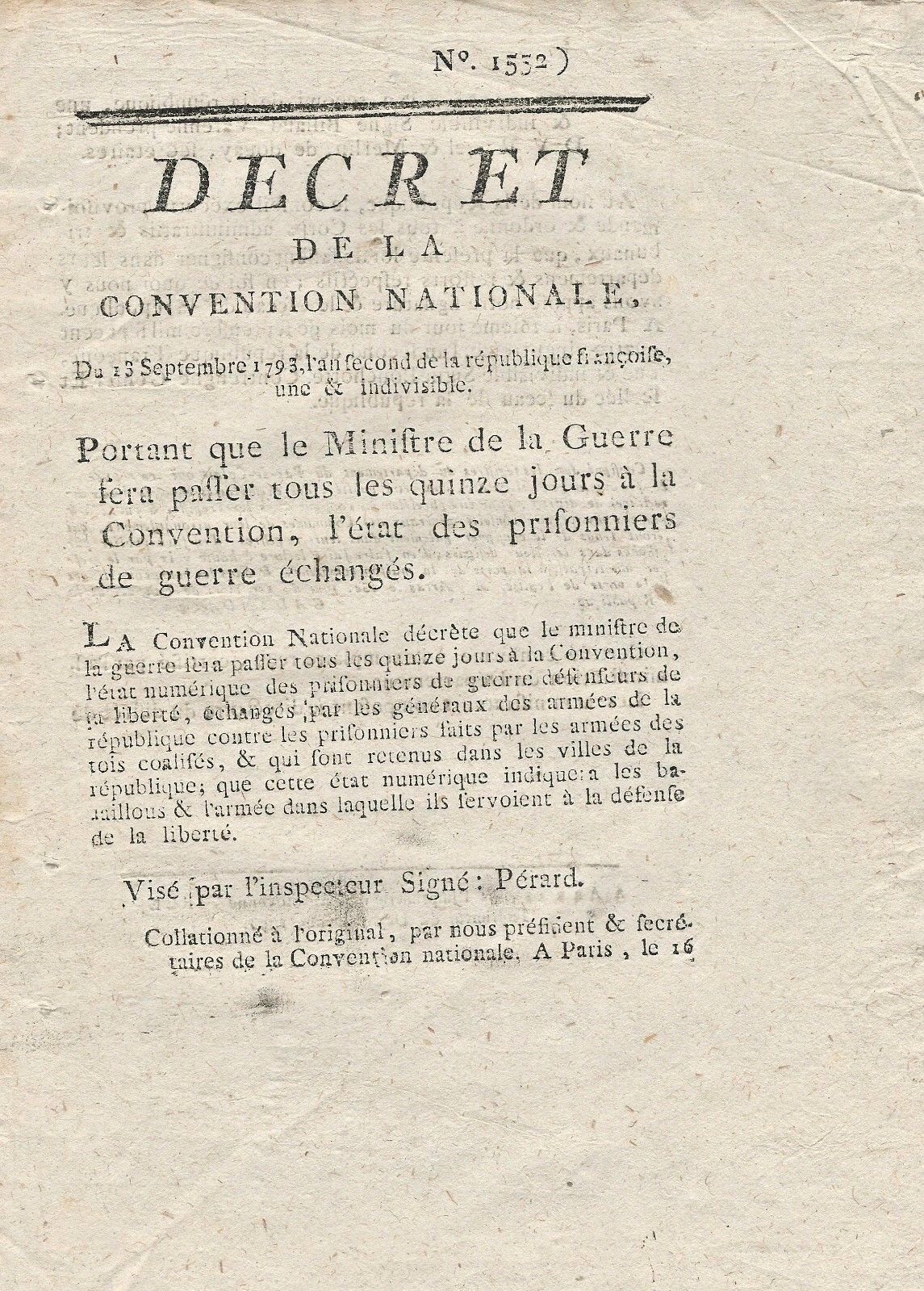 FRENCH REPUBLIC DECREE CONVENTION NATIONAL 1793 PRISONERS to be EXCHANGED