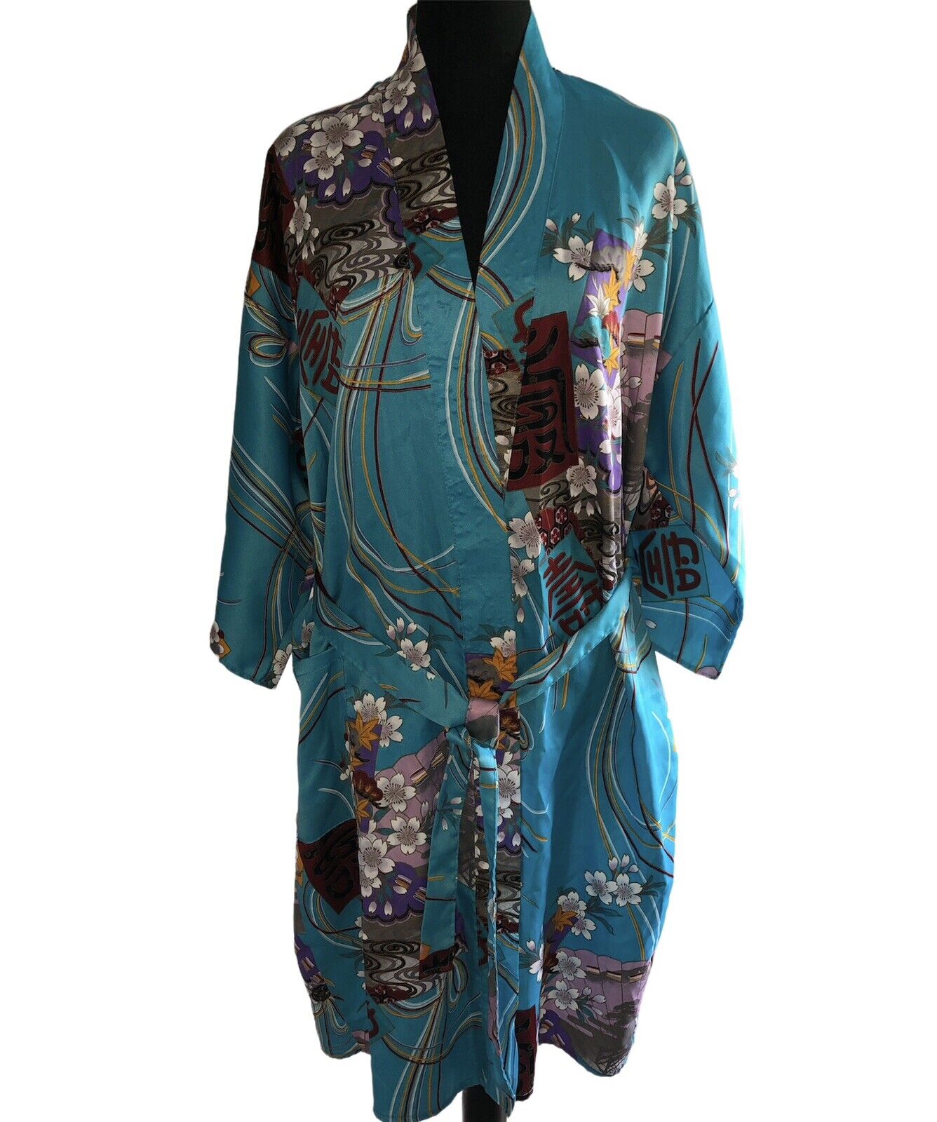 Rare Vintage Ichiban Japanese Kimono Teal Polyester Large