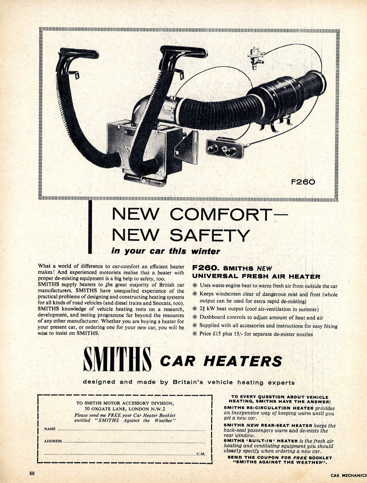 Smiths Fresh air Car Heater F260 with price 1958 advert de-mister nozzles extra