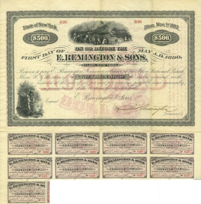 E. Remington and Sons Co. $500 6% Bond signed by Eliphalet Remington III - Dated