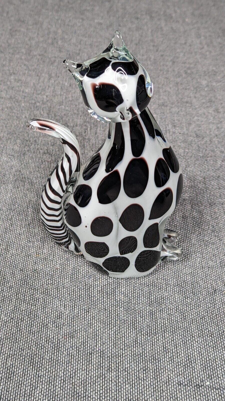 Stunning Vintage Art Glass Cat Figurine Black & White Spots Striped Tail 9.5 In.
