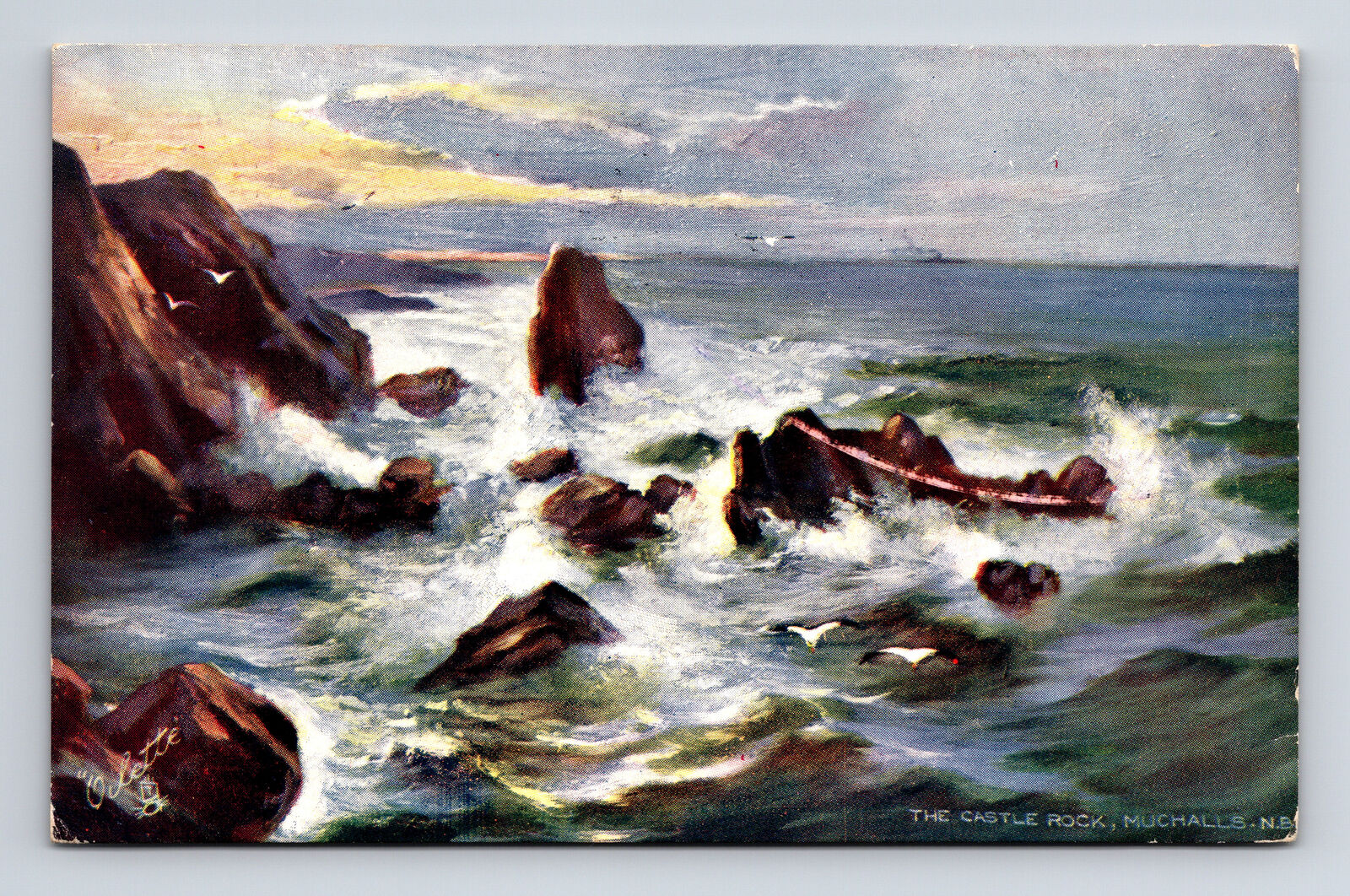 c1905 Scottish Rough Seas at Castle Rock Muchalls Coast Tuck\'s Oilette Postcard