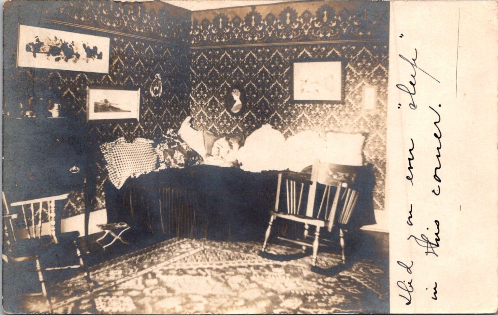 Victorian Room Rocker Print Wallpaper Did You Sleep in Corner 1907 RPPC Postcard