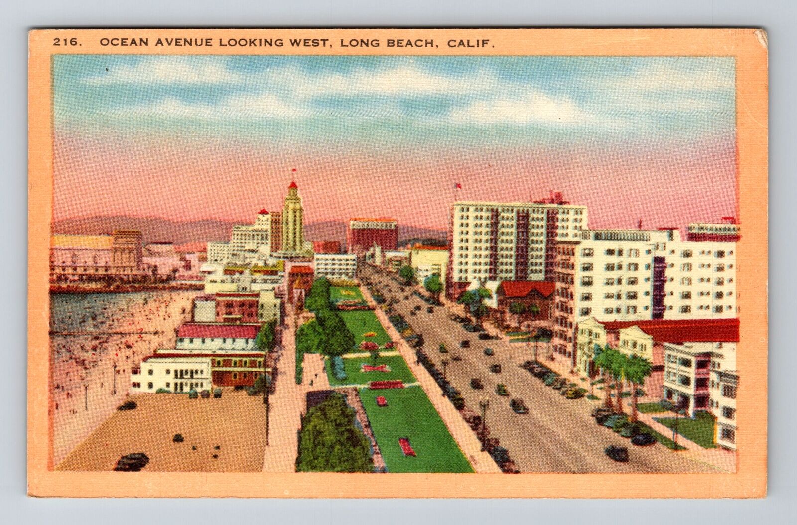 Long Beach CA-California, Ocean Avenue Looking West, Antique Vintage Postcard