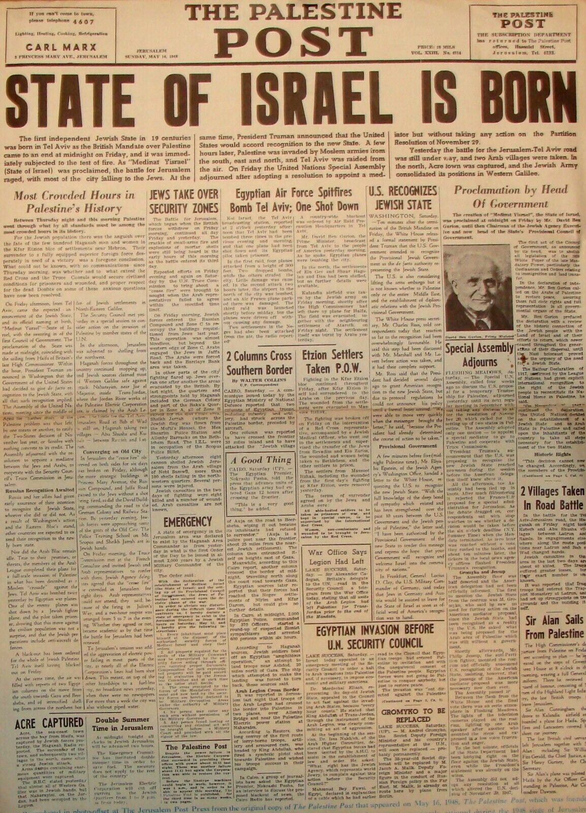 Jewish Judaica 1948 Palestine Post STATE OF ISRAEL IS BORN Newspaper *FACSIMILE*