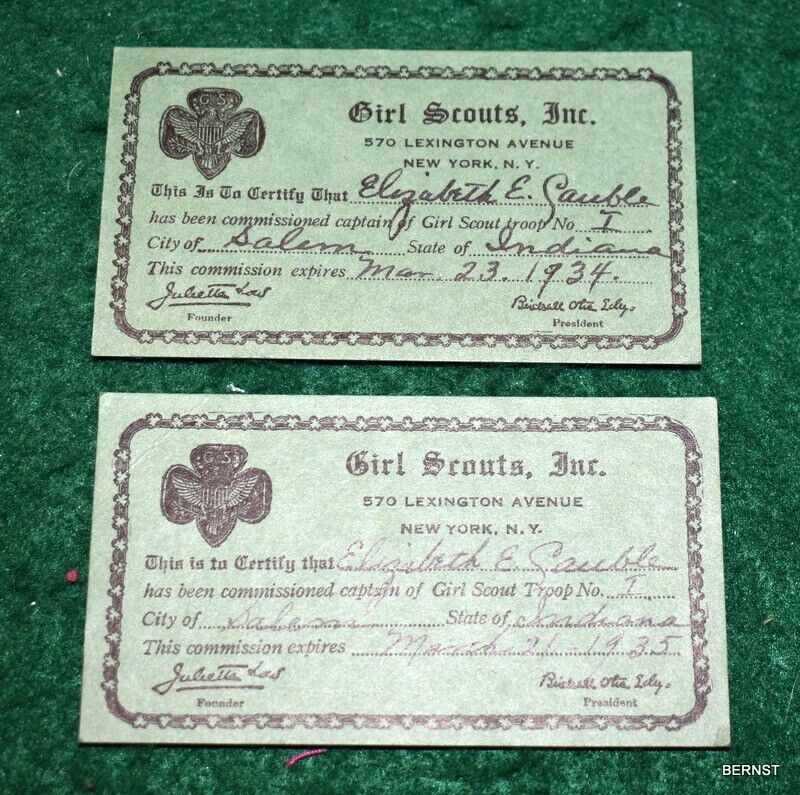 VINTAGE GIRL SCOUT MEMBERSHIP CARDS - 1934-35 COMMISSIONED CAPTAIN