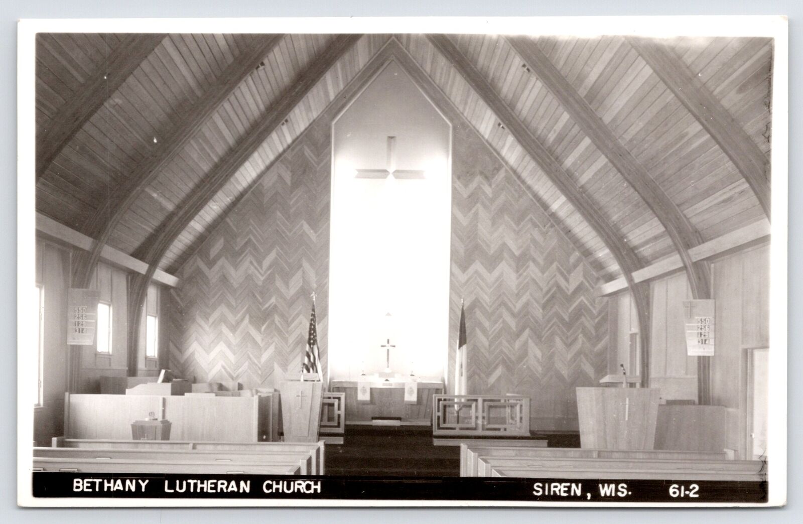 Siren Wisconsin~Bethany Lutheran Church Interior~Hymn Board~Pulpit & Pews~RPPC