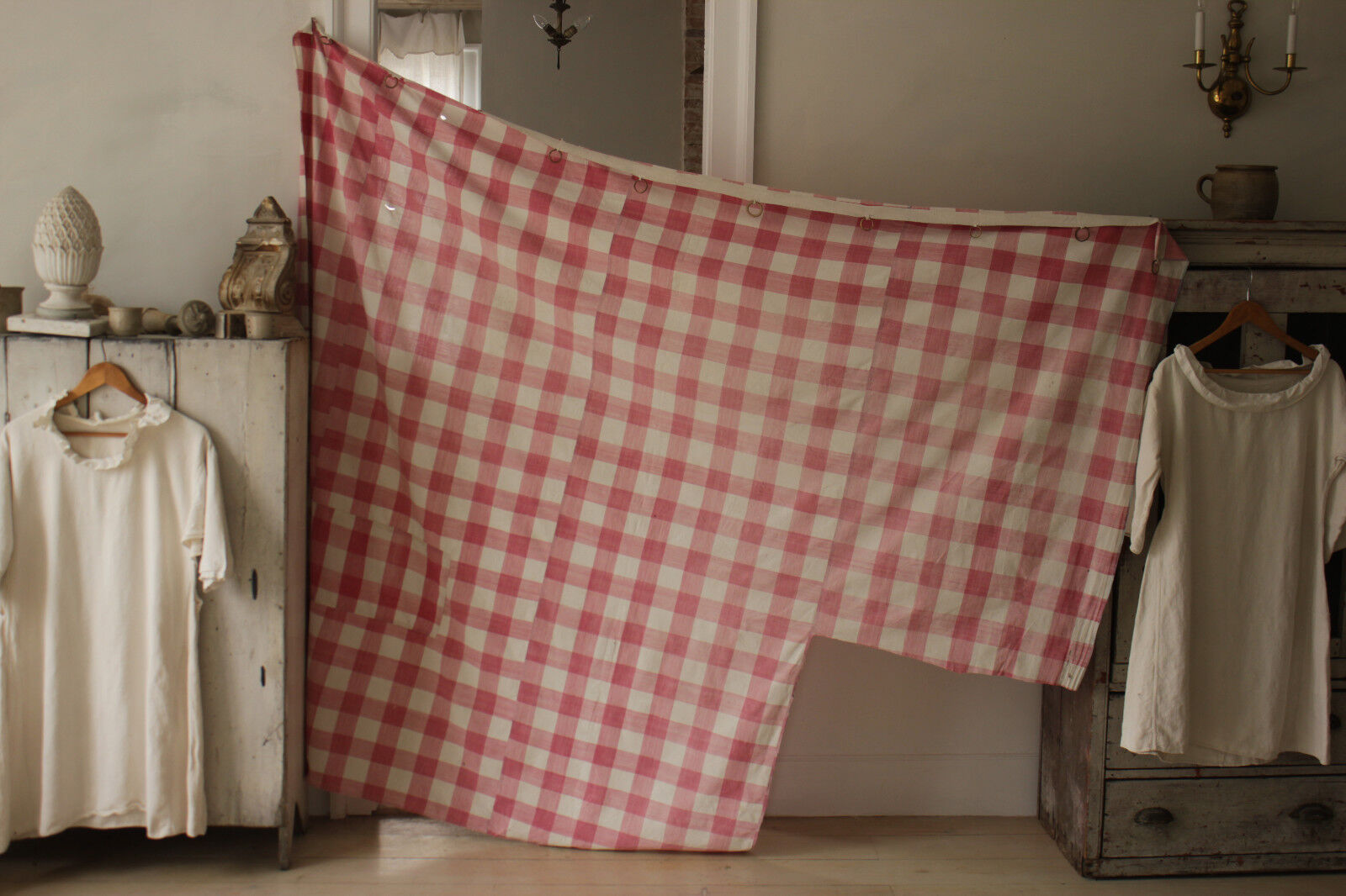 Vichy check fabric faded pink 1780\'s patched Antique French w/ curtain rings