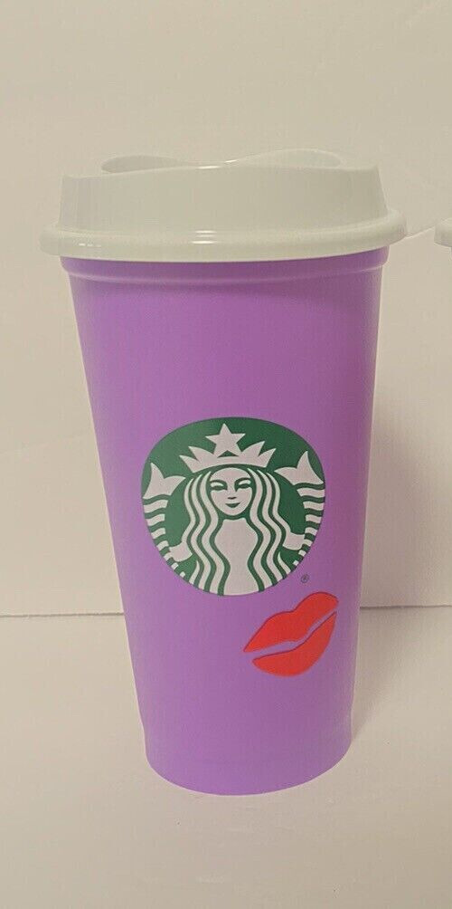 New Starbucks Purple Valentines Lips Reusable Plastic Cups 16oz