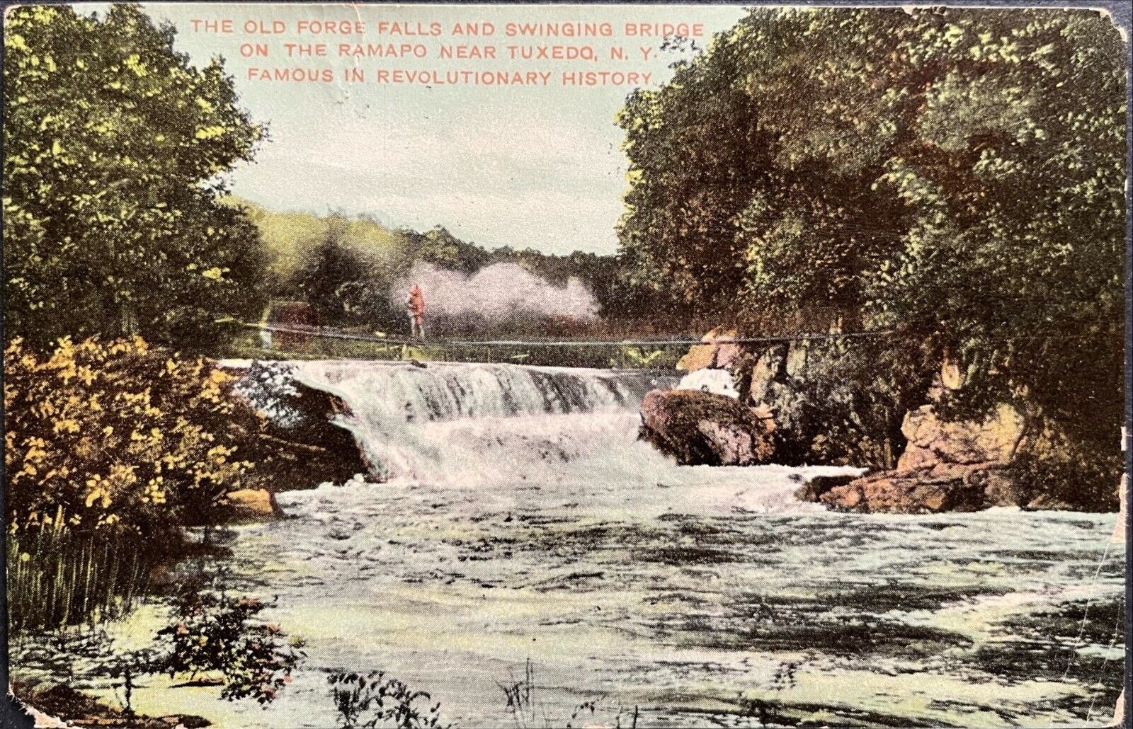 1909 Color NY PC Old Forge Falls/Swinging Bridge on the Ramapo near Tuxedo