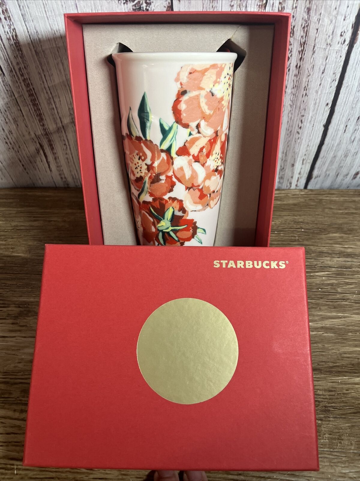 2015 Starbucks Floral Ceramic Tumbler with Red Lid 10 Oz Coffee Travel Cup NIB
