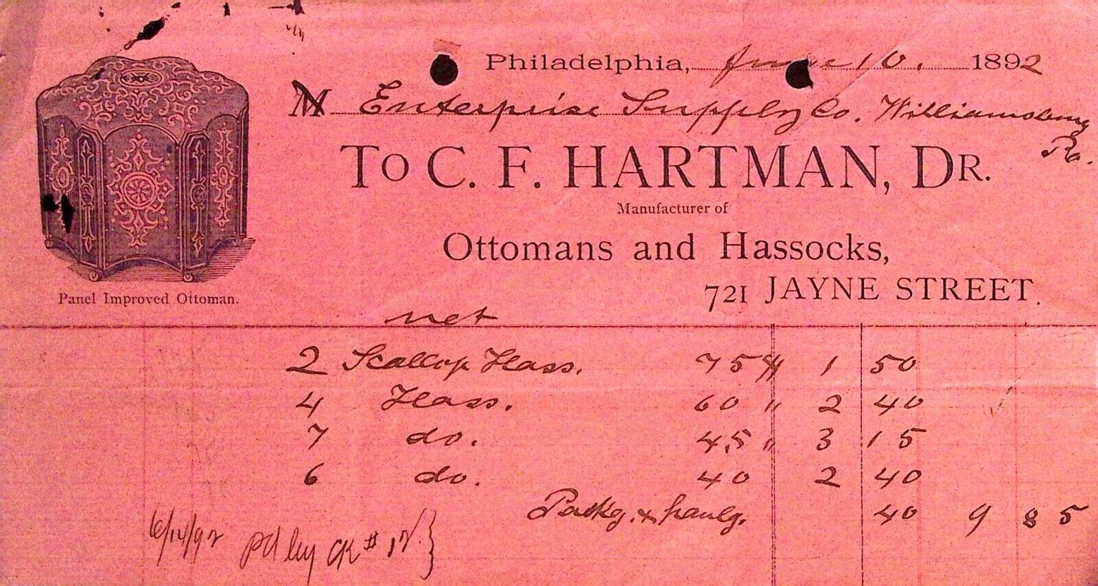 C.F. Hartman Dr. Ottomans and Hassocks 1892 Invoice Receipt Philadelphia PA
