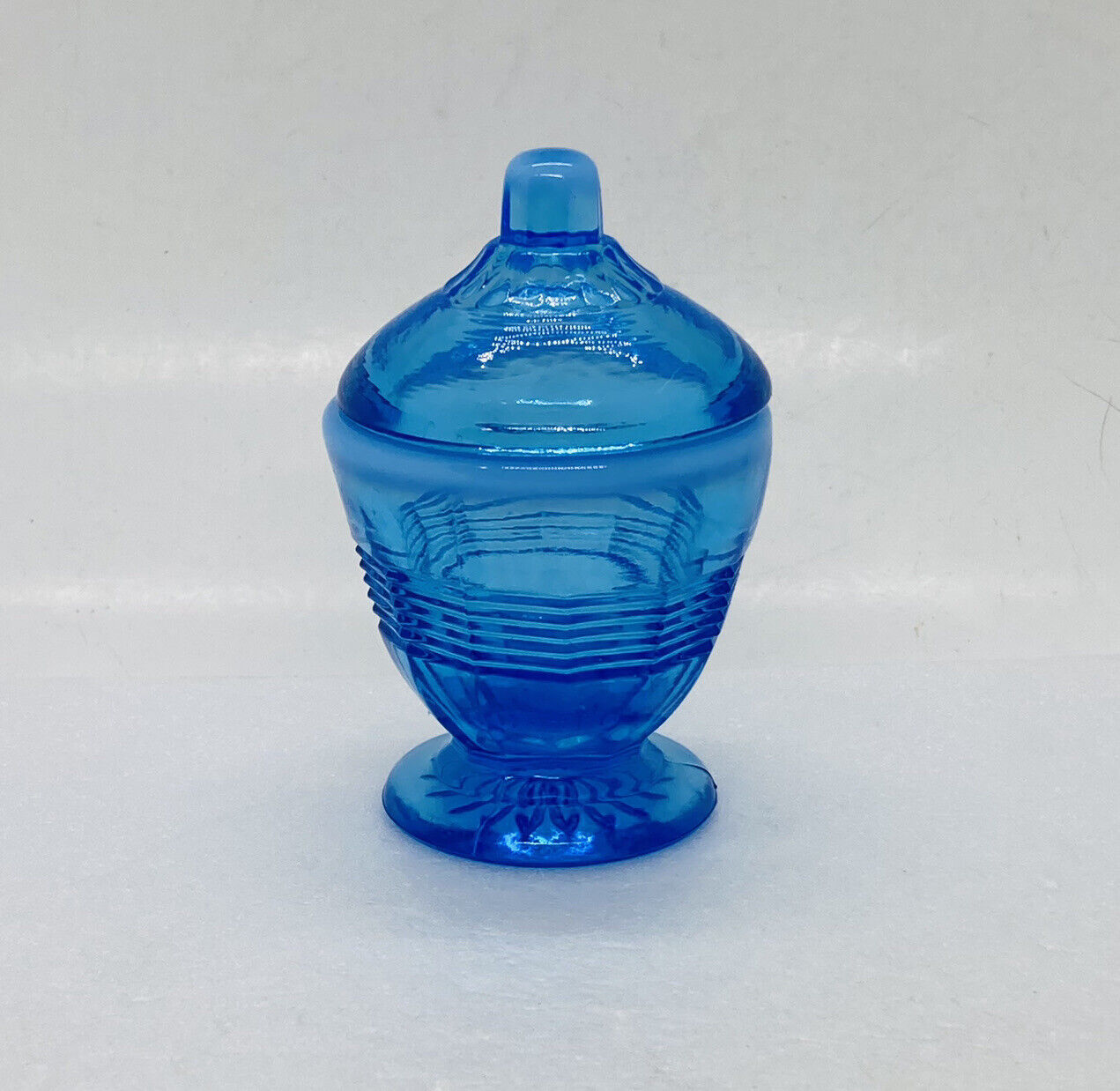 Vintage Cobalt Blue Art Glass Trinket Jar White Rim Lidded Decor 6