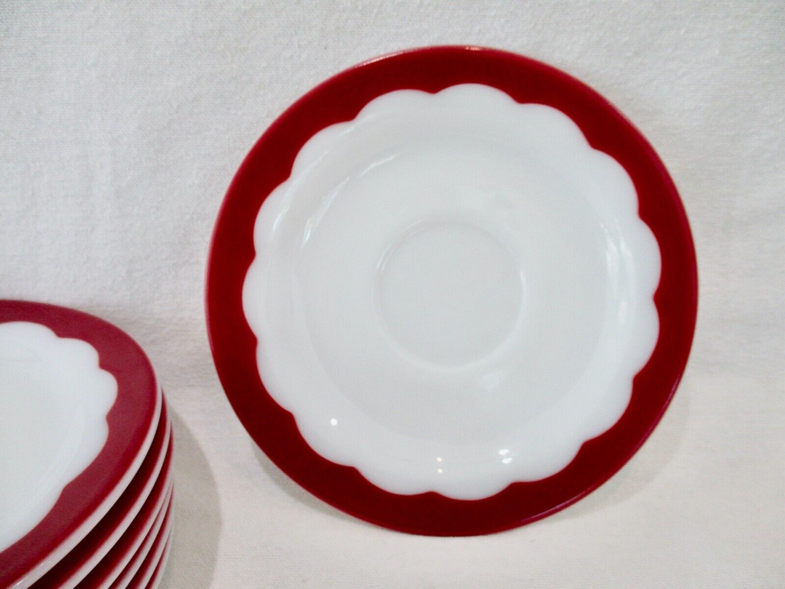 Vintage Pyrex Corning Ware Scalloped Border Saucers Dark Red Burgundy? (7 Avail)