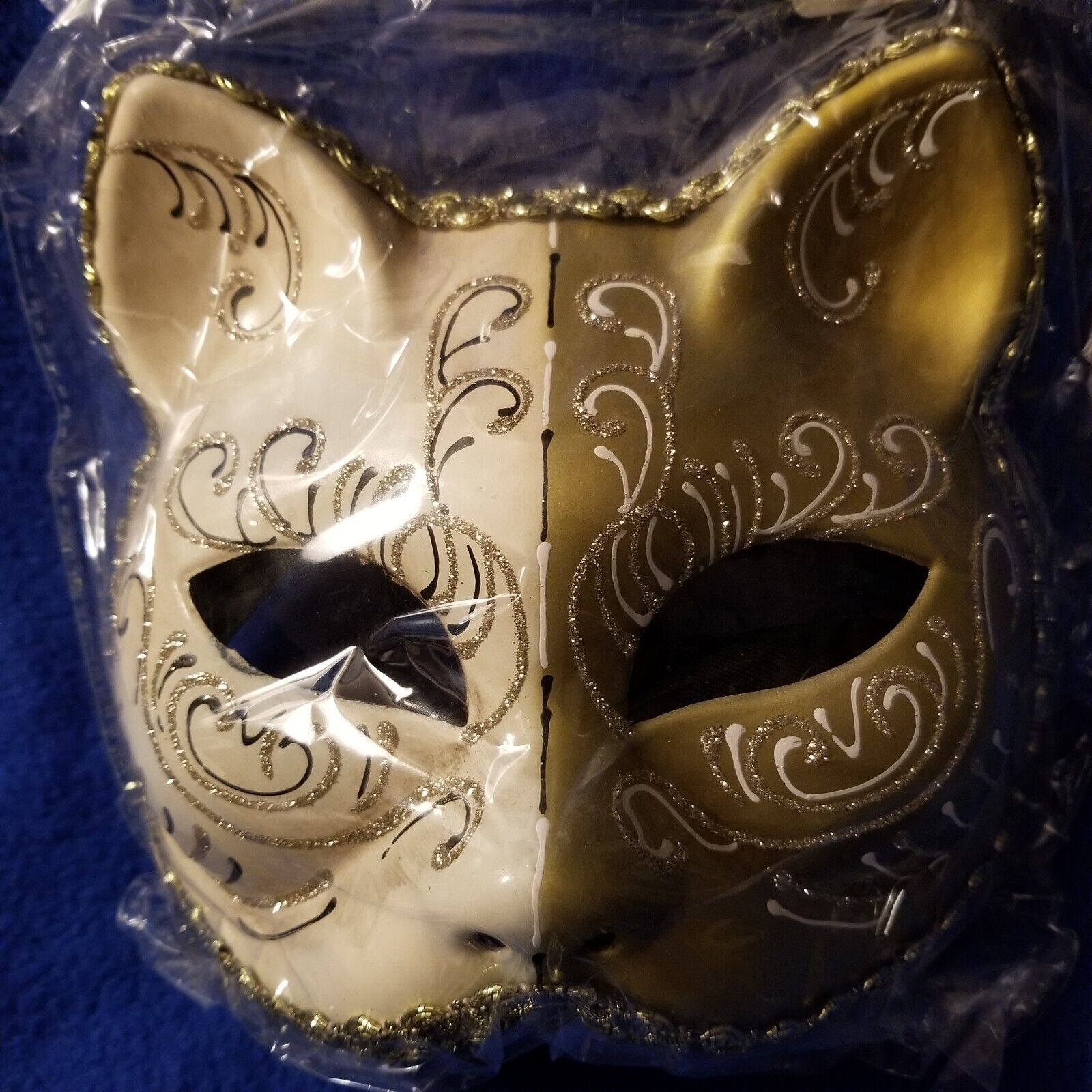 Cat Eye Mask Masquerade Party Venetian Style - 2 Tone Gold Glittery -  New 