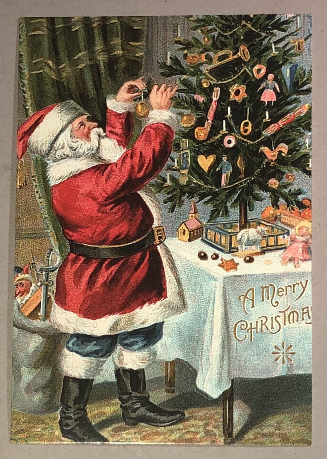 Postcard Reproduced Victorian Merry Christmas Santa Decorating Tree