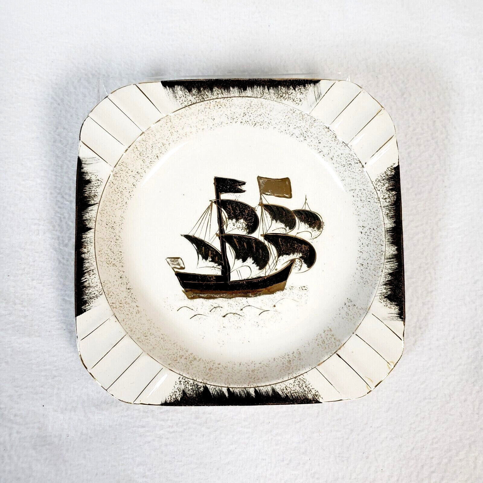 Ceramic Nautical Ship ashtray Black Gold LARGE Vintage MCM Mid Century 8.75in
