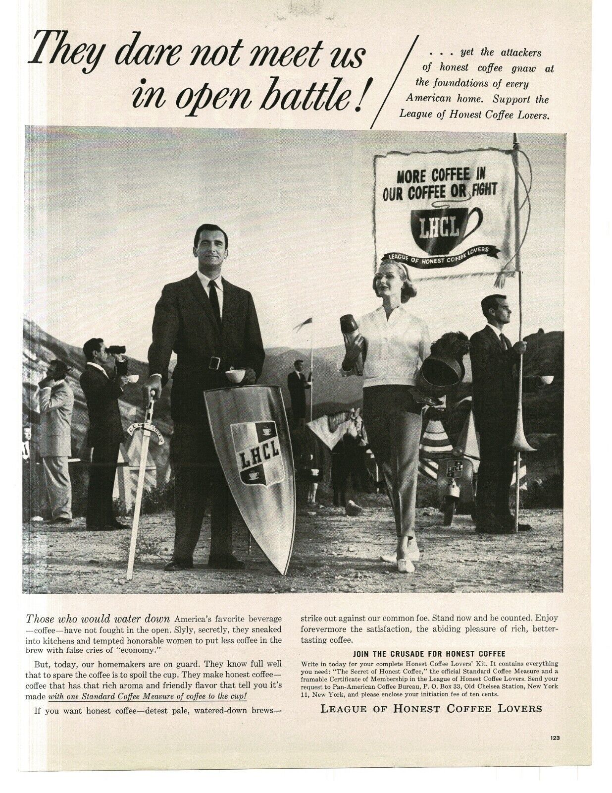 1959 League Of Honest Coffee Lovers man with sword and shield Vintage Print Ad