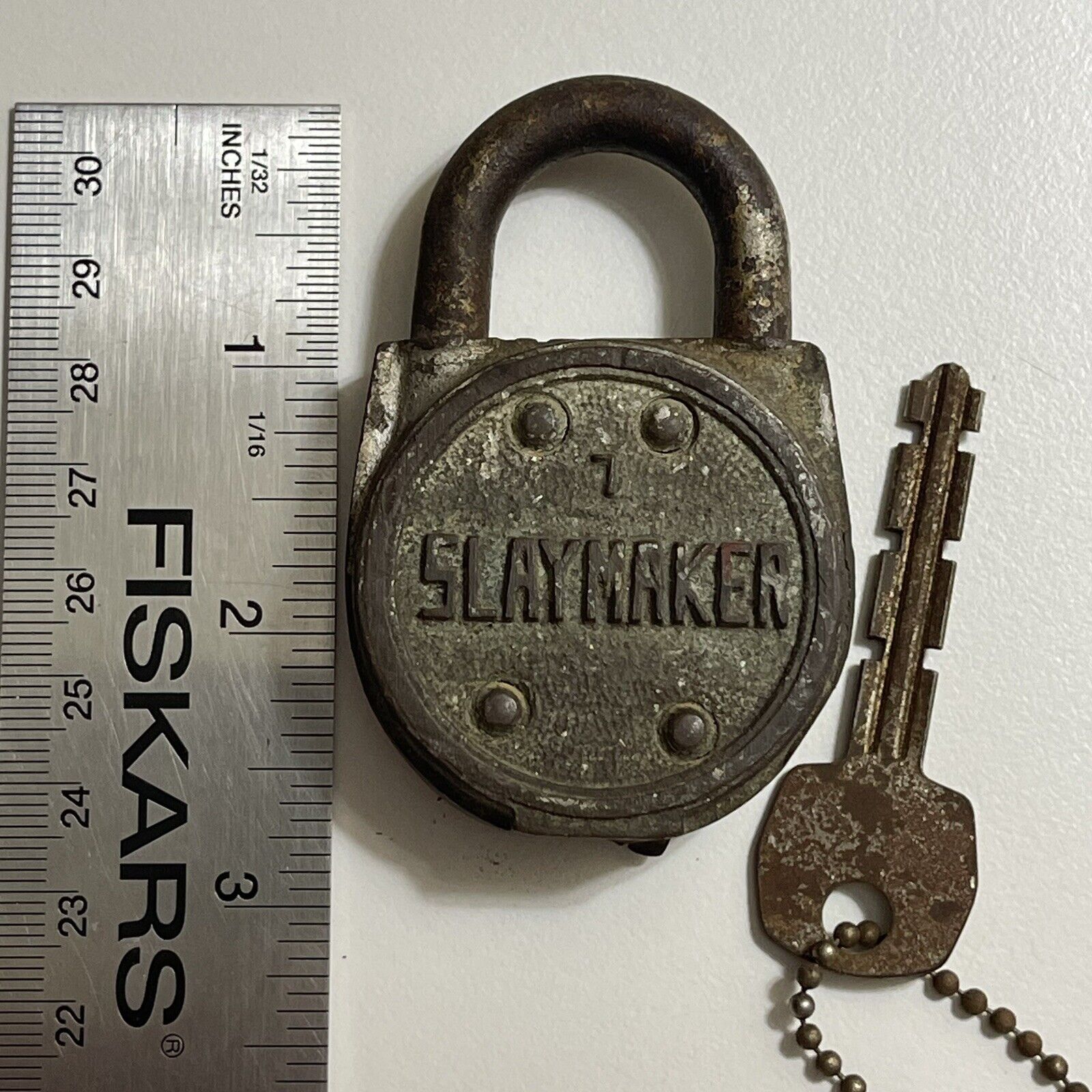 SLAYMAKER 7 BRASS WARDED PADLOCK & KEY OLD ANTIQUE LOCK VINTAGE LOCK USA MADE