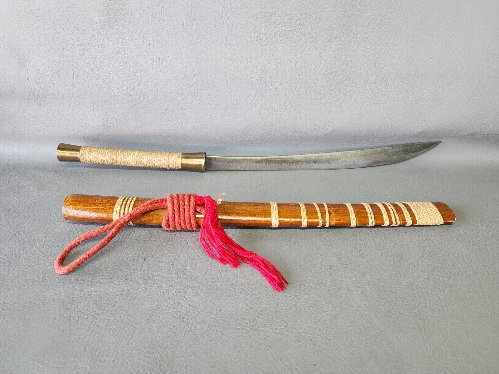 Vtg Thai DHA Burma Sword w/ Wood Scabbard 18” Long 14” Blade w Markings