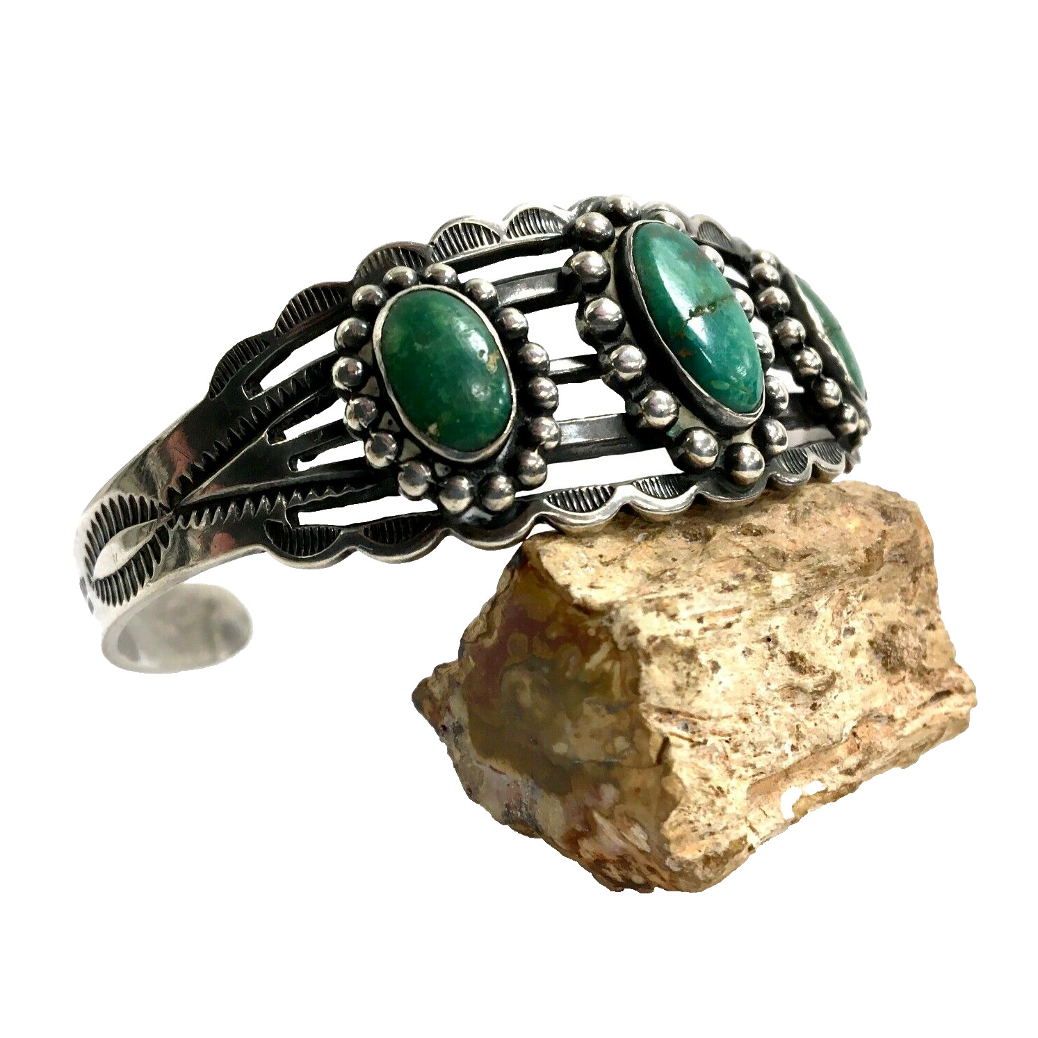 Vintage Navajo Fred Harvey Era Green Turquoise Sterling Silver Cuff, 22g, 6.5 in