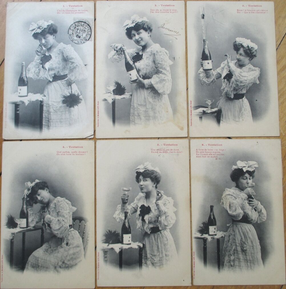 Set of SIX 1905 Bergeret French Fantasy Postcards: Champagne Tempting Maid, Wine
