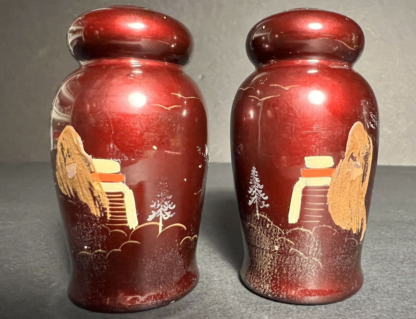 Vintage Red Lacquer Hand Painted Mother of Pearl Inlaid Japanese Salt And Pepper